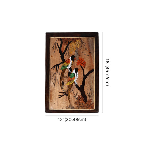 Wooden Mysore Inlay Painting of Graceful Peacocks on a Tree