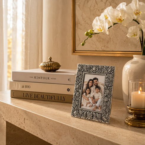 German Silver Floral Engraved Decorative Photo Frame - Premium Velvet Gifting Box