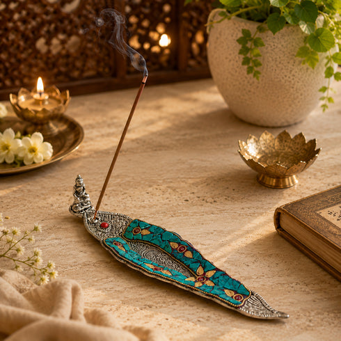 German Silver Stone Embellished Elephant Incense Stick Holder/Agarbatti Stand