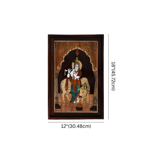 Wooden Mysore Inlay Painting of Lord Krishna with Sacred Cow