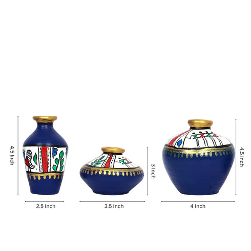 Handcrafted Yellow Terracotta Pots for Home Decor - Set of 3 - Warli Hand Painting