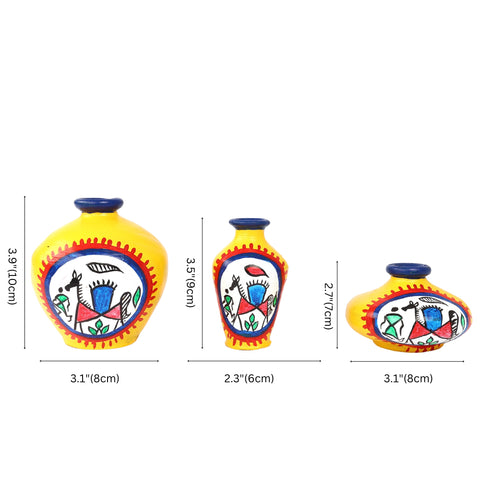 Handcrafted Terracotta Pots for Home Decor - Set of 3 - Warli Hand Painting - Yellow