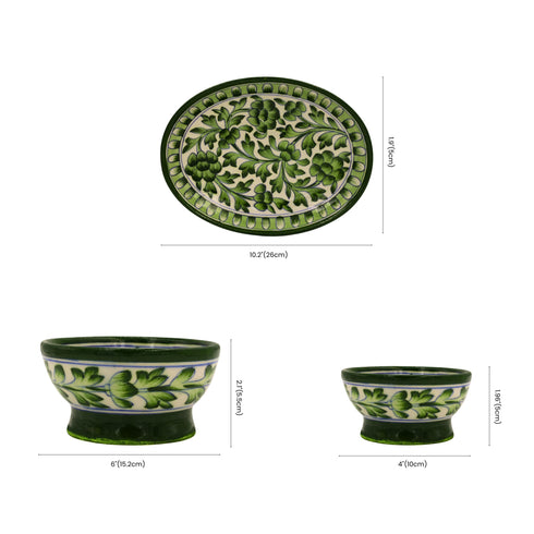 Blue pottery Green Floral Serving Set – Oval Platter & Bowls for Elegant Dining