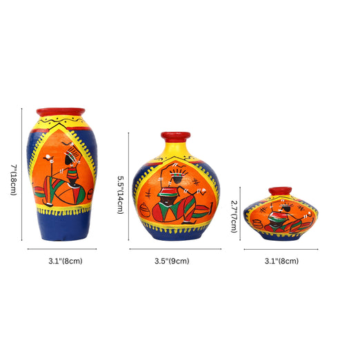 Handcrafted Blue and Orange Terracotta Pots for Home Decor - Set of 3 - Warli Hand Painting