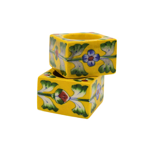 Set of 2 Blue Pottery Yellow Color T-Light Candles