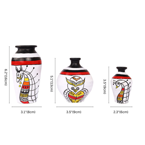 Handcrafted Black and White Terracotta Pots for Home Decor - Set of 3 - Madhubani Hand Painting