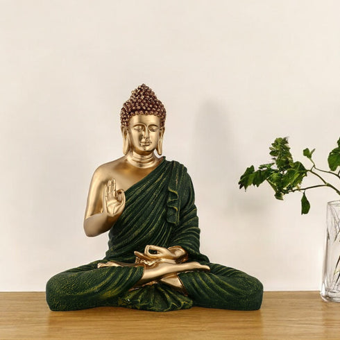 14-Inch Handcrafted Brass Buddha Statue with Deep Green Robe | Meditation Home Decor