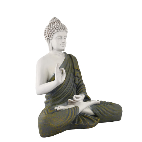 14-Inch Handcrafted Polyresin Buddha Statue with Olive Robe | Zen Meditation Decor