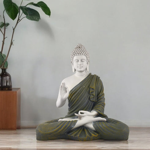 14-Inch Handcrafted Polyresin Buddha Statue with Olive Robe | Zen Meditation Decor