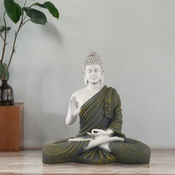 14-Inch Handcrafted Polyresin Buddha Statue with Olive Robe | Zen Meditation Decor