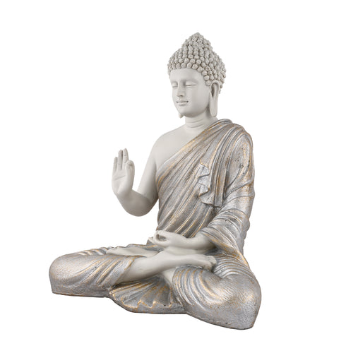 14-Inch Polyresin Buddha Statue with Silver Robe | Vastu Feng Shui Gift | Meditation Zen Decor | Home Office Prosperity