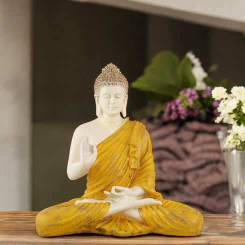 14-Inch Yellow & White Meditating Buddha Statue – Handcrafted Resin Idol for Home Decor, Spiritual Spaces & Gifting