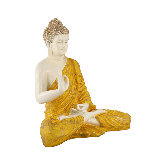 14-Inch Yellow & White Meditating Buddha Statue – Handcrafted Resin Idol for Home Decor, Spiritual Spaces & Gifting