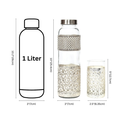 Handcrafted German Silver Glass Water Bottle Set with 2 Glasses - 1 Liter Traditional Indian Drinkware for Gifting & Home