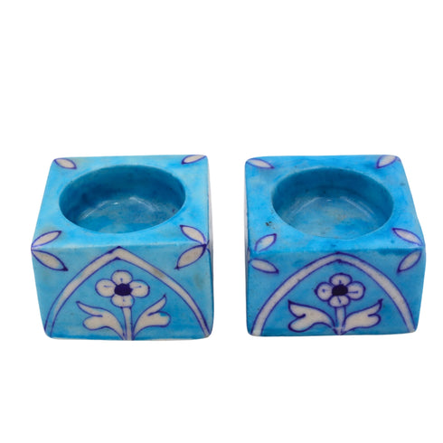 Set of 2 Blue Pottery T-Light Candles Holders