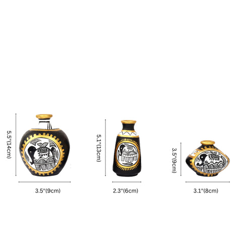 Handcrafted Black Terracotta Pots for Home Decor - Set of 3 - Madhubani Hand Painting