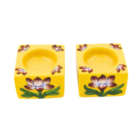 Set of 2 Blue Pottery Yellow Color T-Light Candles