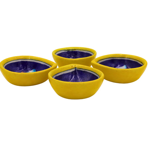 Set of 4 Blue Pottery Yellow and Royal Blue color diyas