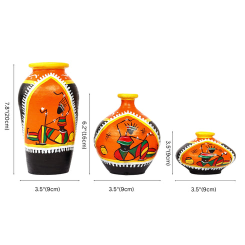Handcrafted Black and Orange Terracotta Pots for Home Decor - Set of 3 - Warli Hand Painting