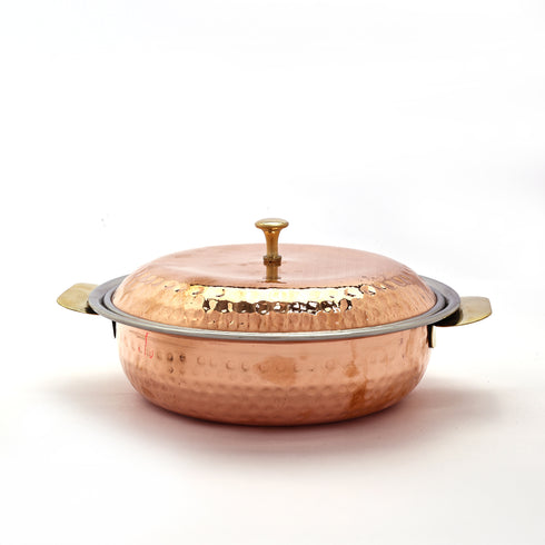 Artisanal Hammered Copper Serving Dish with Brass-Knobbed Lid | Traditional Tableware