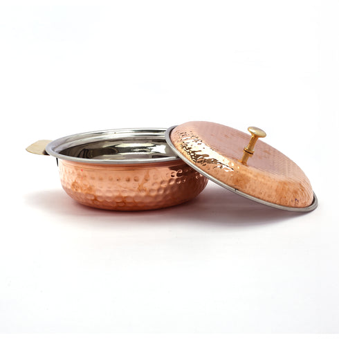 Artisanal Hammered Copper Serving Dish with Brass-Knobbed Lid | Traditional Tableware