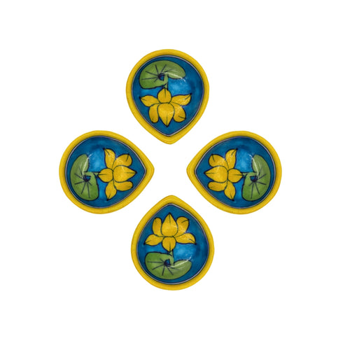 Set of 4 Blue Pottery Yellow and Sky Blue Diyas