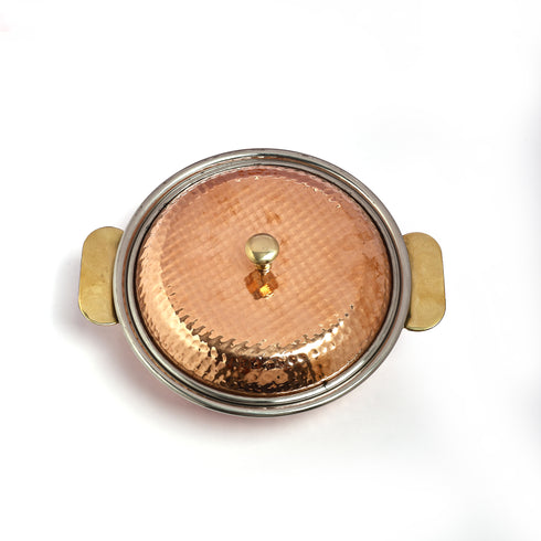 Artisanal Hammered Copper Serving Dish with Brass-Knobbed Lid | Traditional Tableware