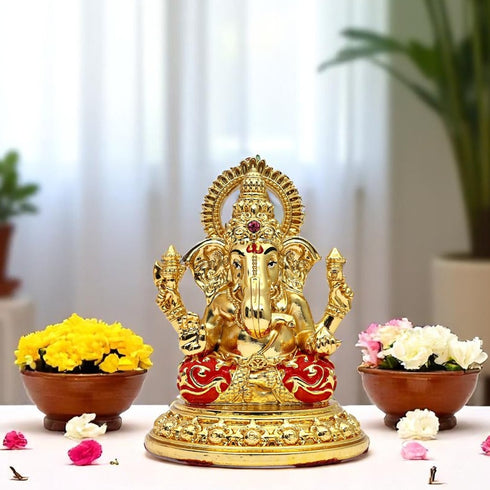 Gold-Coated Ganesha Figurine with Red Dhoti - Spiritual Home Décor