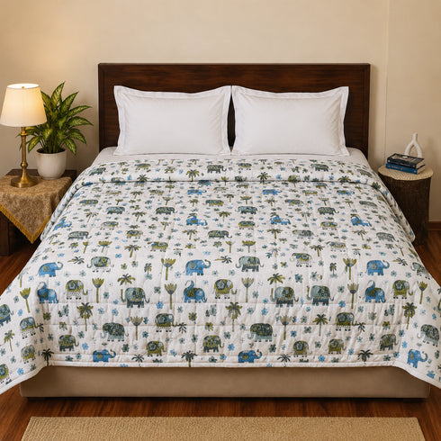 Traditional Elephant Folk Print Double Bed Comforter
