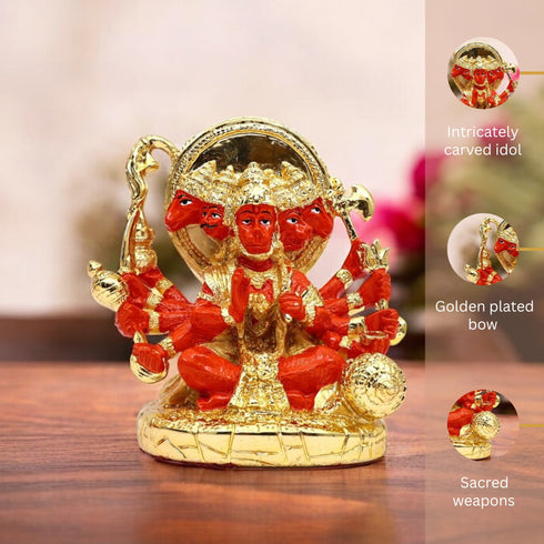 Gold Plated Panchmukhi Hanuman Showpiece with Orange Accents