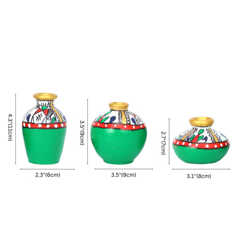 Handcrafted Green Terracotta Pots for Home Decor - Set of 3 - Warli Hand Painting