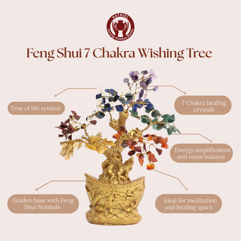 Feng Shui 7 Chakra Wishing Tree with gold base and colorful crystals on a beige background.