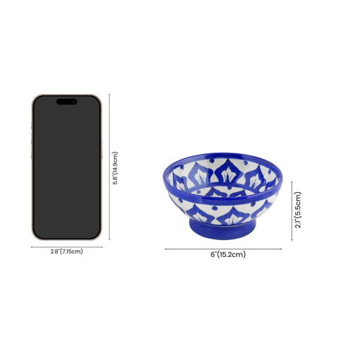 Handcrafted Blue and White Colour Round Blue Pottery Bowls—Set of 2—Floral Pattern—6”