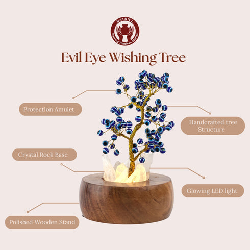 Evil Eye Wish Tree Lamp with wooden base - (Crystal of Protection) - 7.8 inch