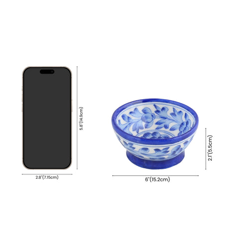 Handcrafted Round Blue Pottery Bowls—Set of 2—Floral Patterns—6”