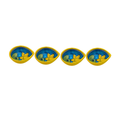 Set of 4 Blue Pottery Yellow and Sky Blue Diyas