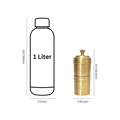 Measurement chart comparing a 1-liter bottle and a gold-colored container on a white background.
