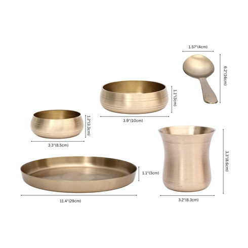 Set of brass kitchen utensils with measurements on a white background