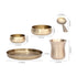Set of brass kitchen utensils with measurements on a white background