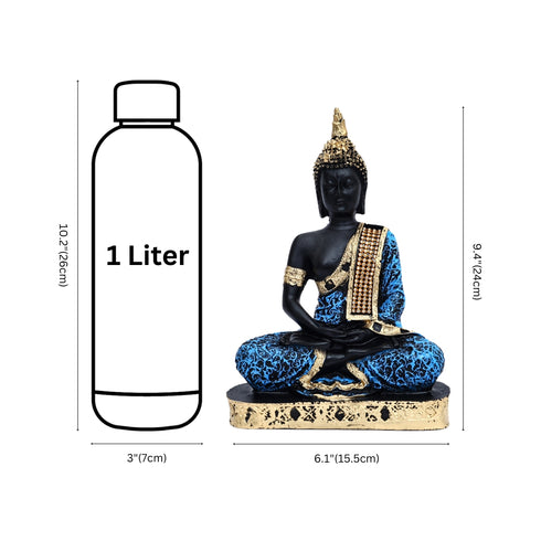 Buddha statue with dimensions shown next to a 1-liter water bottle on a white background
