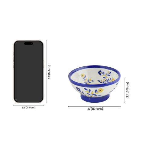 Handcrafted White Colour Round Blue Pottery Bowls—Set of 2—Reindeer and Foliage Pattern—6”