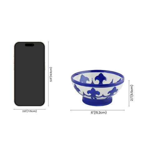 Handcrafted Round Blue Pottery Bowls—Set of 2—Geometric and Floral Pattern—6”