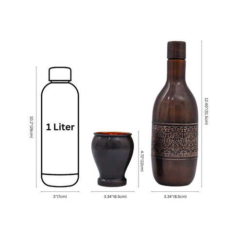 Measurement chart comparing a 1-liter bottle, a small cup, and a decorative brown bottle.
