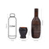 Measurement chart comparing a 1-liter bottle, a small cup, and a decorative brown bottle.