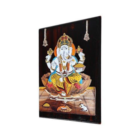 3D Mysore Overlay Rosewood Painting of Lord Ganesha with Offerings