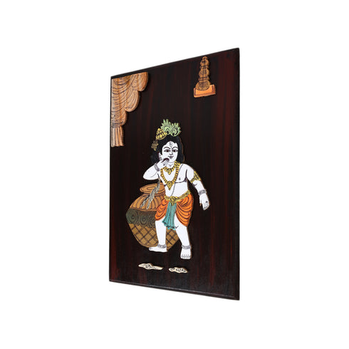 3D Wooden Mysore Overlay Painting of Baal Krishna eating Maakhan