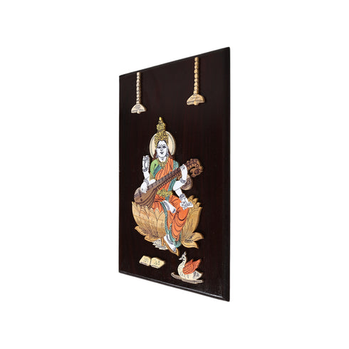 3D Wooden Mysore Overlay Painting of Goddess Saraswati