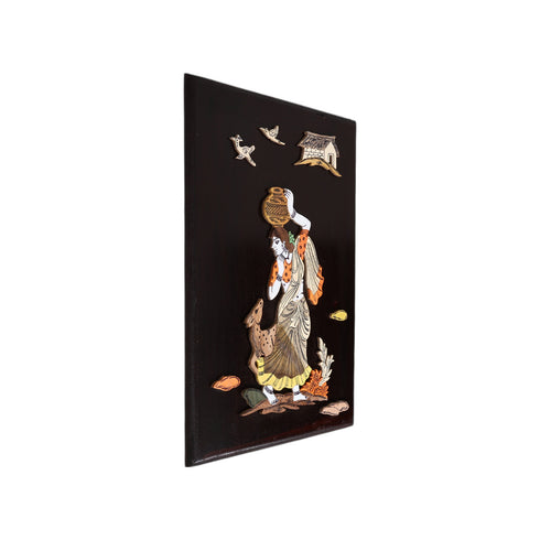 3D Wooden Mysore Overlay Painting of a Woman Carrying Pot of Water