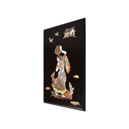 3D Wooden Mysore Overlay Painting of a Woman Carrying Pot of Water