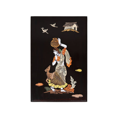 3D Wooden Mysore Overlay Painting of a Woman Carrying Pot of Water
